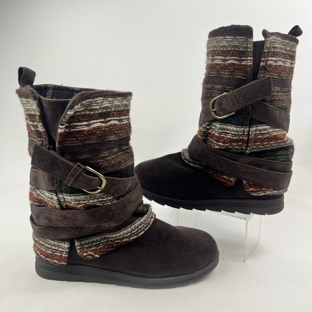Muk Luks Womens Knit Wrap Boots Size 9 Brown Faux Suede Aztec Boho Mid Calf
